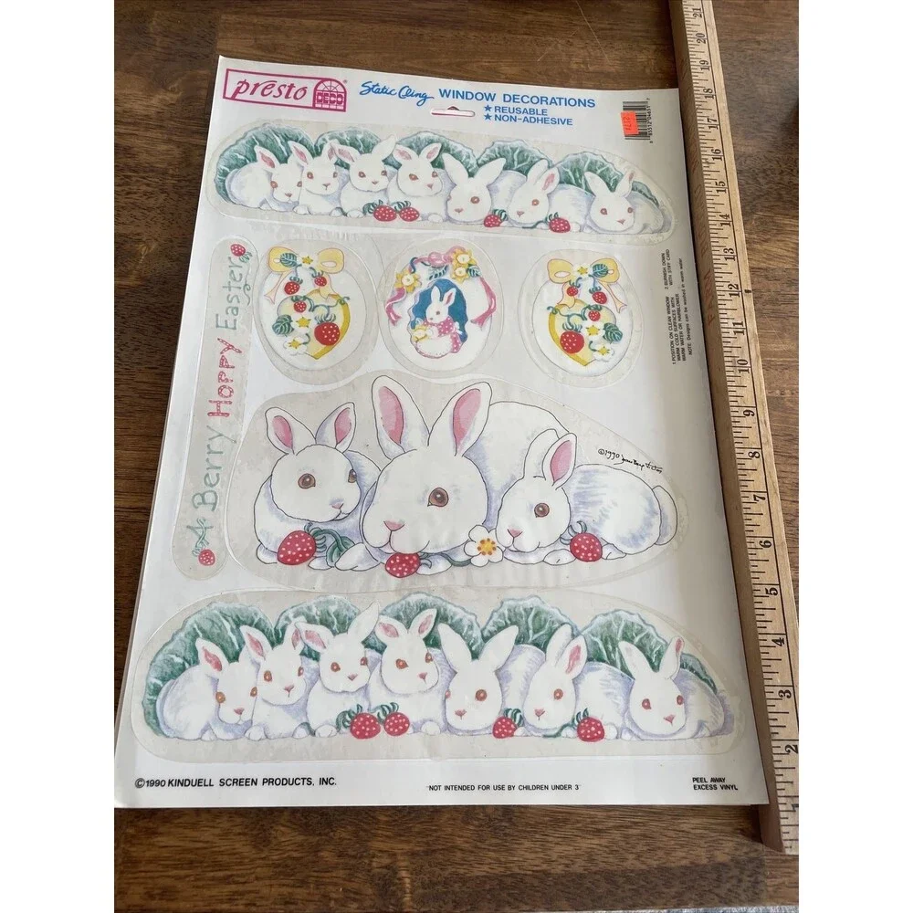 6 Vintage Easter Themed Vinyl Window Clings Bunny Eggs Flowers Holiday Decor
